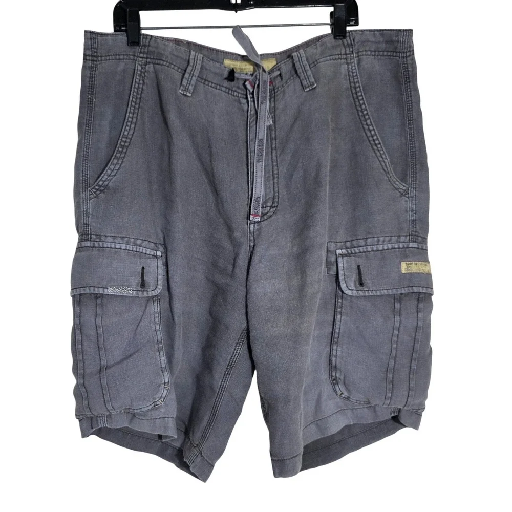 True Religion Vintage 100% Linen Cargo Shorts Mens 36 Charcoal Gray Utility Good